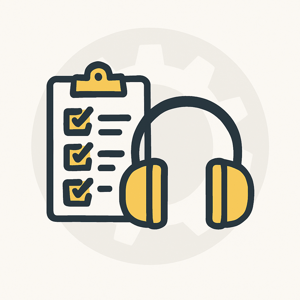 Graphic of a clip board and hearing protection with a gear icon behind them. Representing ANSI guidelines | Crane Safe LLC