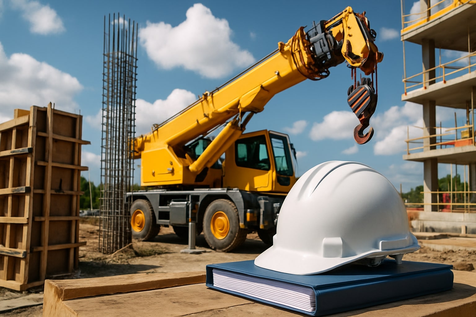 Image of a work site with a crane and a hardhat sitting on a compliance book | Crane Safe LLC