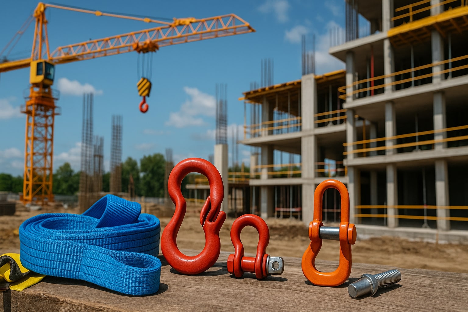 Image of various crane connection types and a strap with a crane and unfinished building in the background | Crane Safe LLC