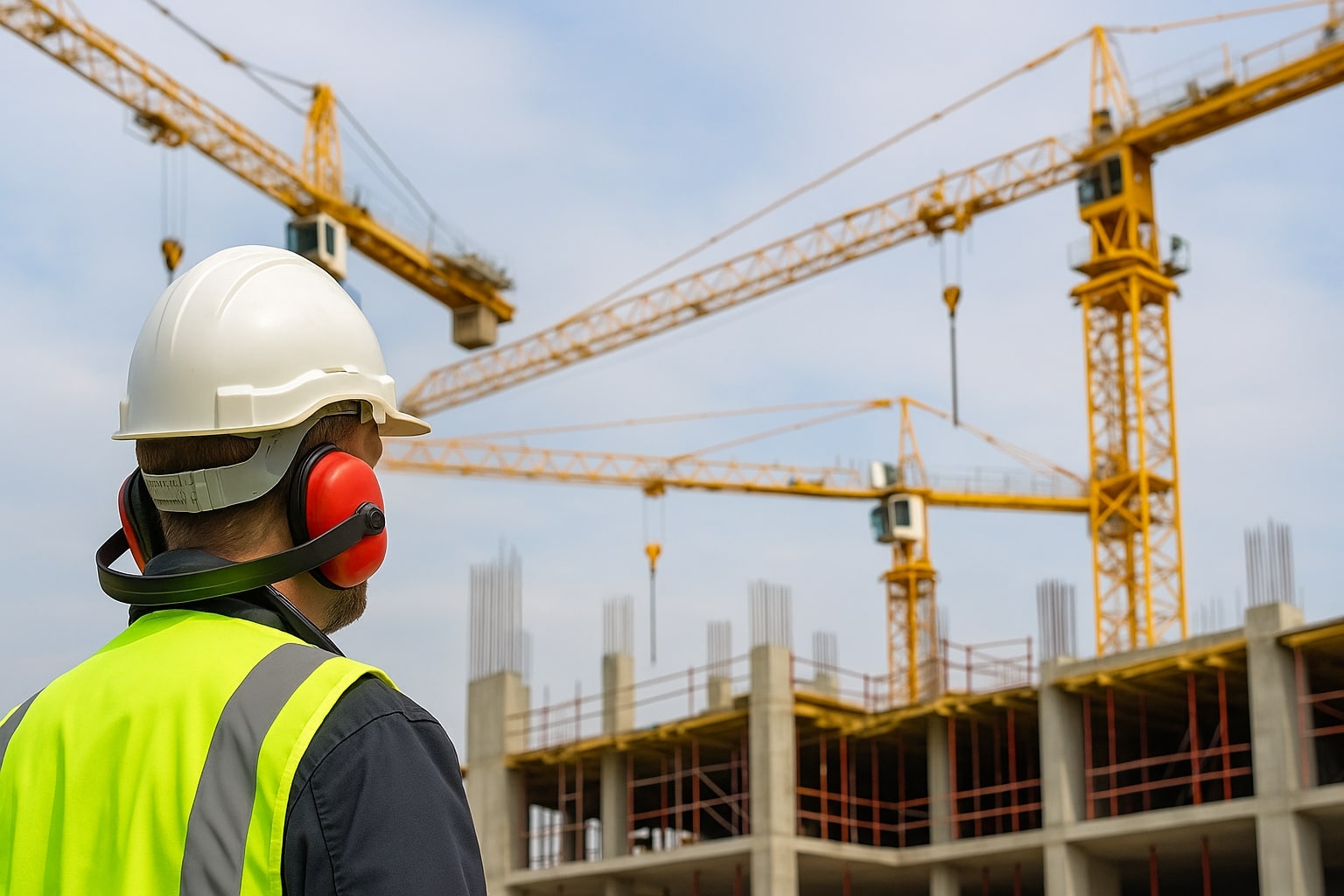 Image of a construction worker wearing safety equipment looking at a crane | Crane Safe LLC