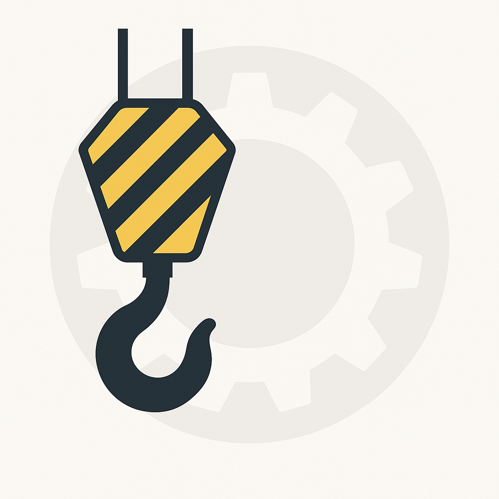 Graphic of a crane hook with a gear icon behind it representing ASME B30 Safety Standards | Crane Safe LLC