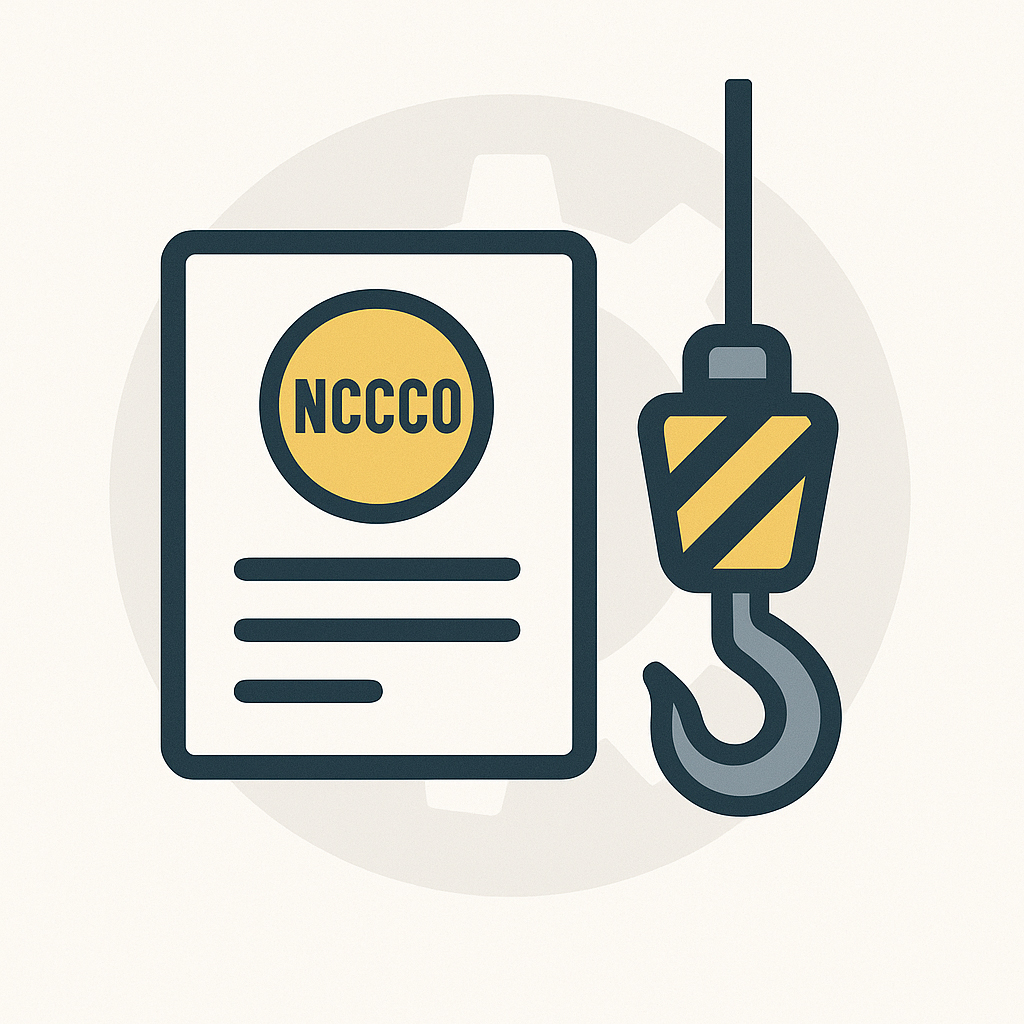 Graphic of a certification and a crane hook. Representing NCCCO Certification | Crane Safe LLC