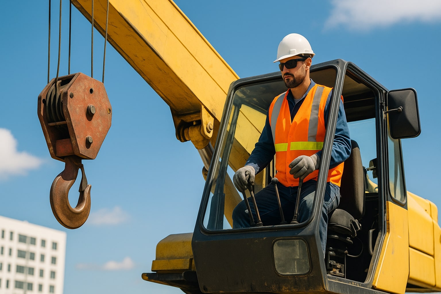 Image of a crane operator operating a small crane from within a cab | Crane Safe LLC