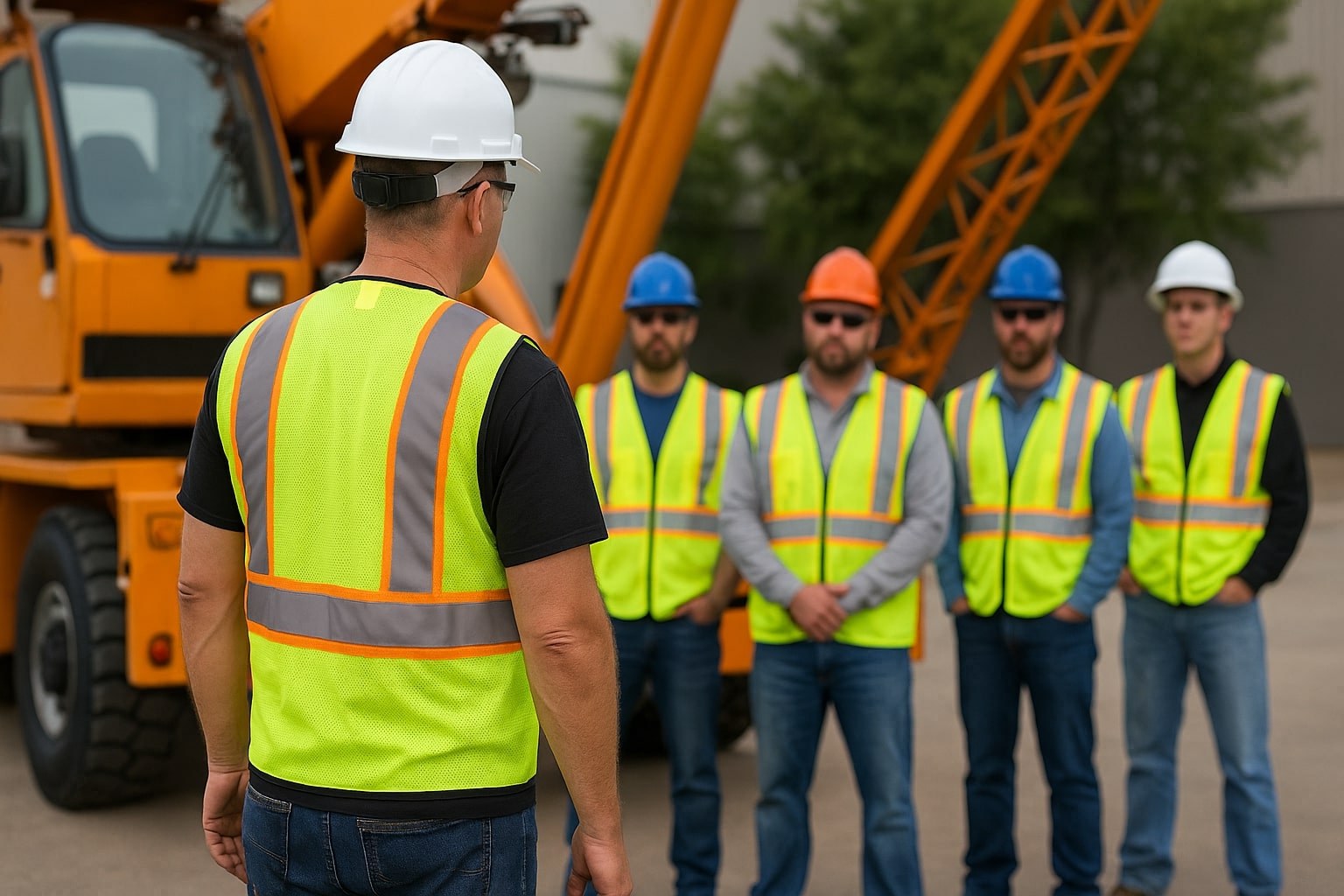 Image of a crane team getting a briefing from a foreman | Crane Safe LLC