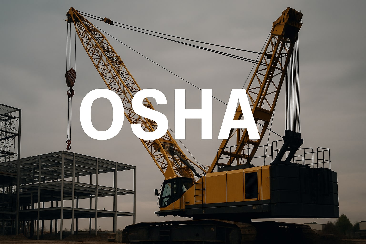 Image of a crane and an unfinished building with "OSHA" written on top of the image | Crane Safe LLC