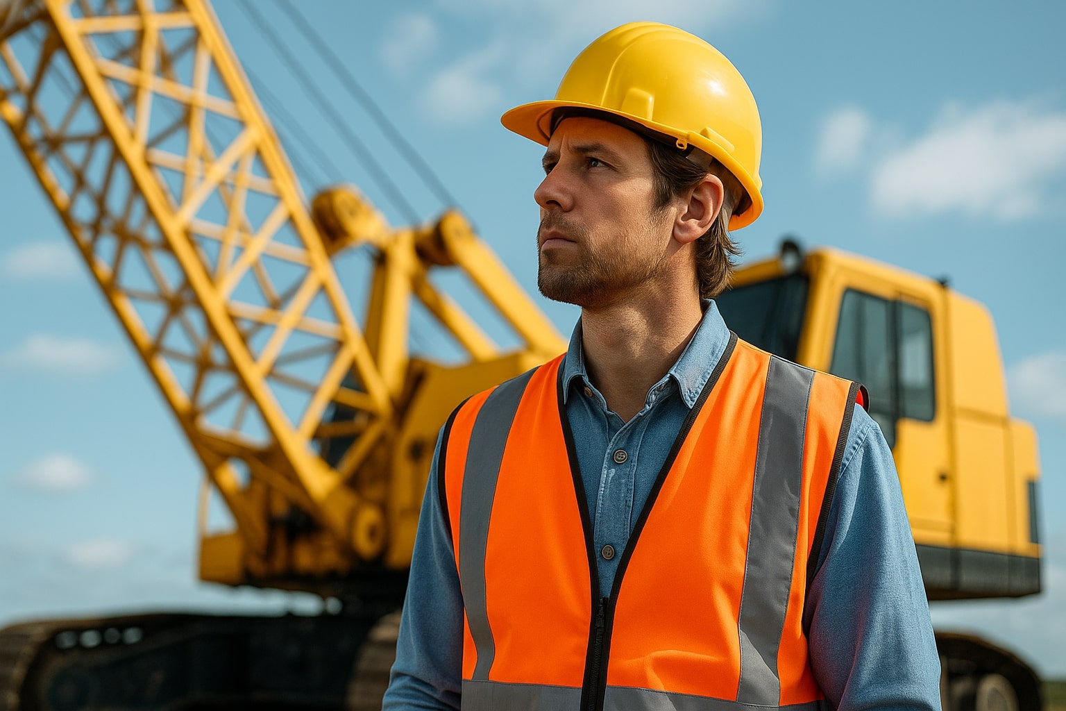 Image of a crane operator with a yellow hardhat and orange high visibility and a yellow crane in the background | Crane Safe LLC